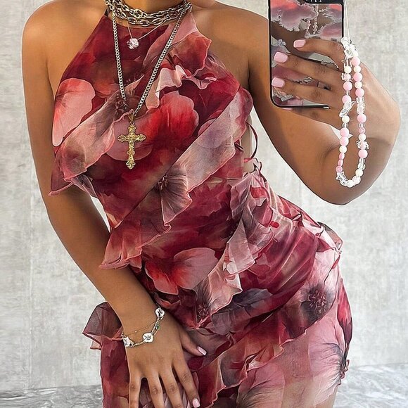 Dresses & Skirts - Red Women's Halter Neck Backless Strap Suspenders Hip Ruffle Mini Dress